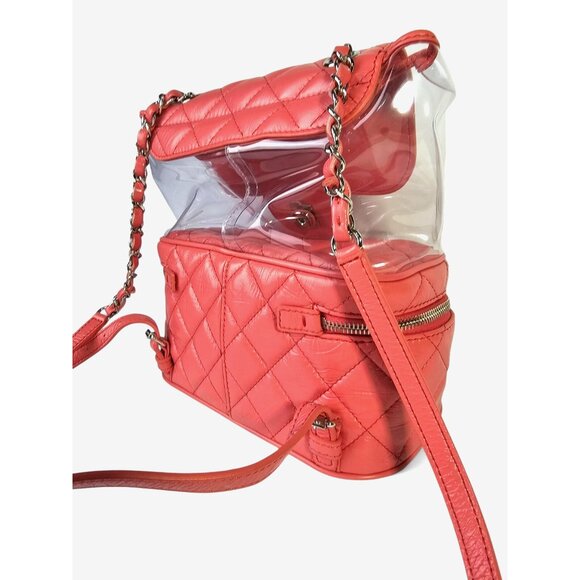 CHANEL Quilted Crumpled Leather Clear Backpack Handbag Pink Chain Zip Around CC - Picture 10 of 16